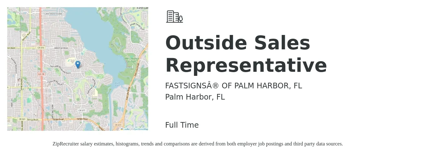 FASTSIGNS® OF PALM HARBOR, FL job posting for a Outside Sales Representative in Palm Harbor, FL with a salary of $46,200 to $79,300 Yearly with a map of Palm Harbor location.