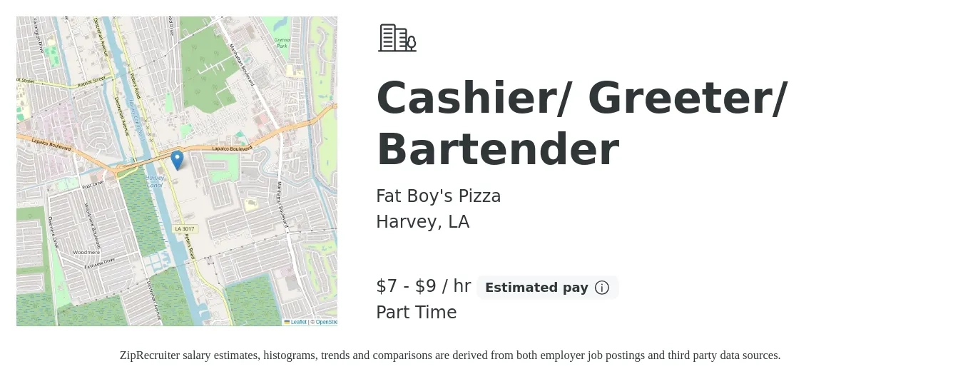 Fat Boy's Pizza job posting for a Cashier/ Greeter/ Bartender in Harvey, LA with a salary of $8 to $10 Hourly with a map of Harvey location.