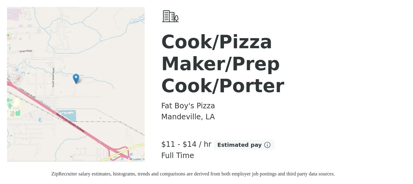 Fat Boy's Pizza job posting for a Cook/Pizza Maker/Prep Cook/Porter in Mandeville, LA with a salary of $12 to $15 Hourly with a map of Mandeville location.