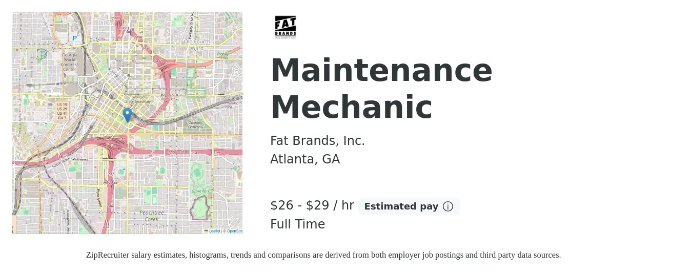 Fat Brands, Inc. job posting for a Maintenance Mechanic in Atlanta, GA with a salary of $28 to $31 Hourly with a map of Atlanta location.
