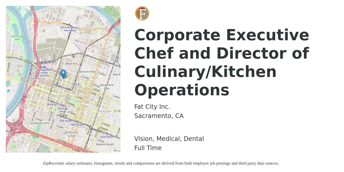 Fat City Inc. job posting for a Corporate Executive Chef and Director of Culinary/Kitchen Operations in Sacramento, CA with a salary of $84,800 to $125,800 Yearly and benefits including dental, medical, and vision with a map of Sacramento location.