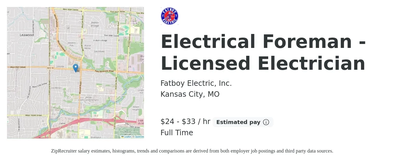 Fatboy Electric, Inc. job posting for a Electrical Foreman - Licensed Electrician in Kansas City, MO with a salary of $25 to $35 Hourly with a map of Kansas City location.