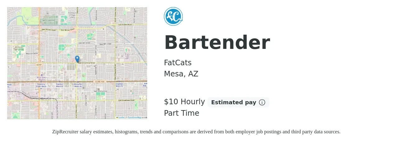 FatCats job posting for a Bartender in Mesa, AZ with a salary of $11 Hourly with a map of Mesa location.