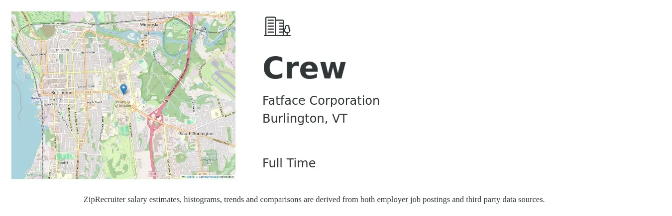 Fatface Corporation job posting for a Crew in Burlington, VT with a salary of $17 to $26 Hourly with a map of Burlington location.