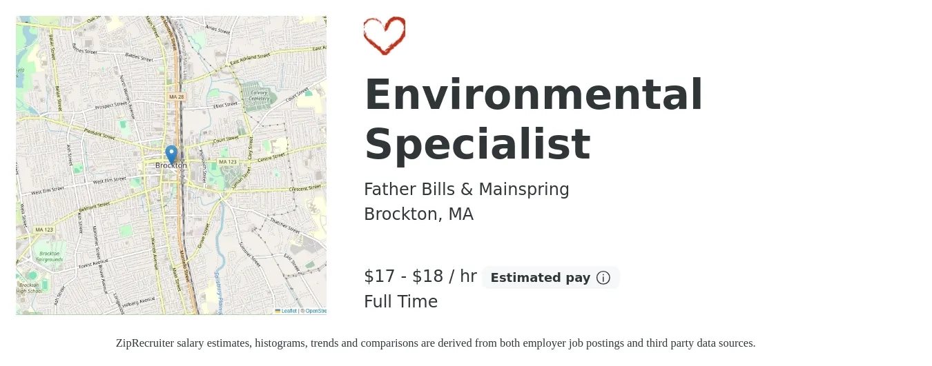 Father Bills & Mainspring job posting for a Environmental Specialist in Brockton, MA with a salary of $18 to $19 Hourly with a map of Brockton location.