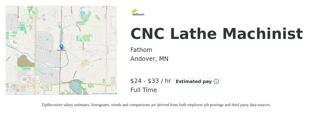 Fathom job posting for a CNC Lathe Machinist in Andover, MN with a salary of $25 to $35 Hourly with a map of Andover location.