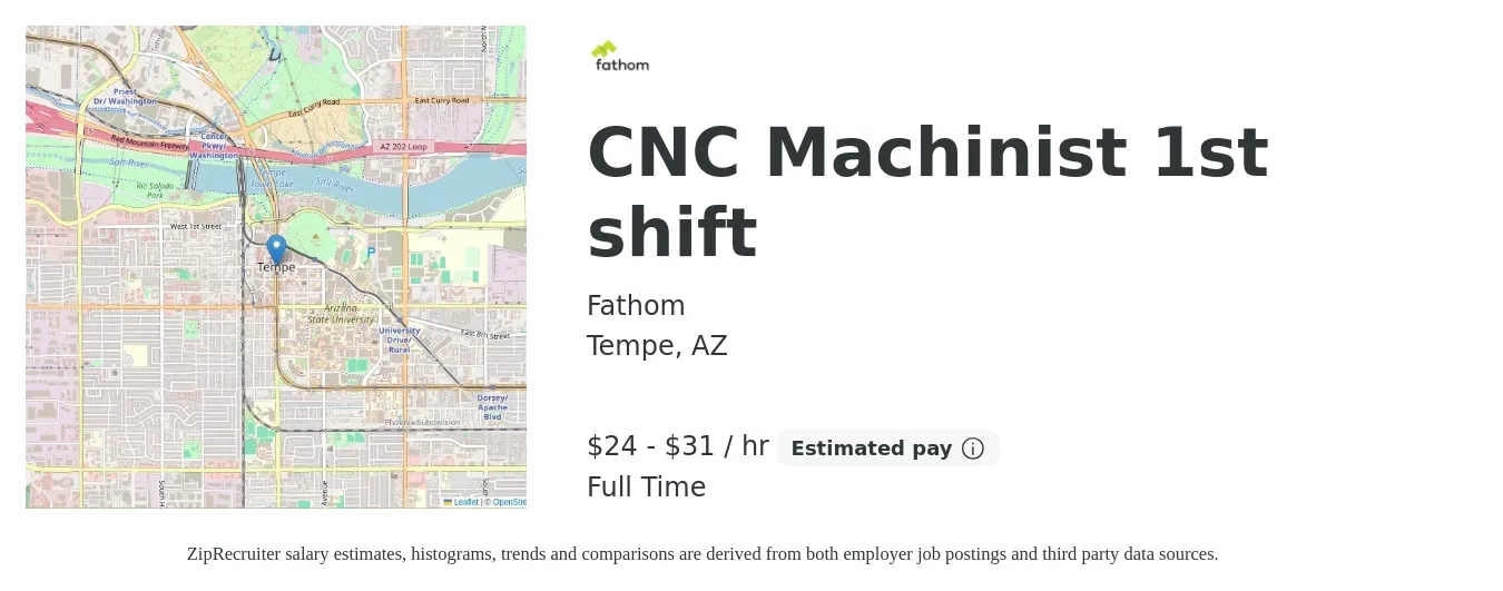 Fathom job posting for a CNC Machinist 1st shift in Tempe, AZ with a salary of $25 to $33 Hourly with a map of Tempe location.