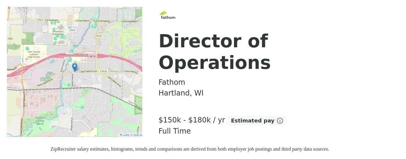 Fathom job posting for a Director of Operations in Hartland, WI with a salary of $150,000 to $180,000 Yearly with a map of Hartland location.