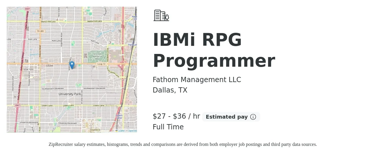 Fathom Management LLC job posting for a IBMi RPG Programmer in Dallas, TX with a salary of $60,000 to $80,000 Yearly with a map of Dallas location.