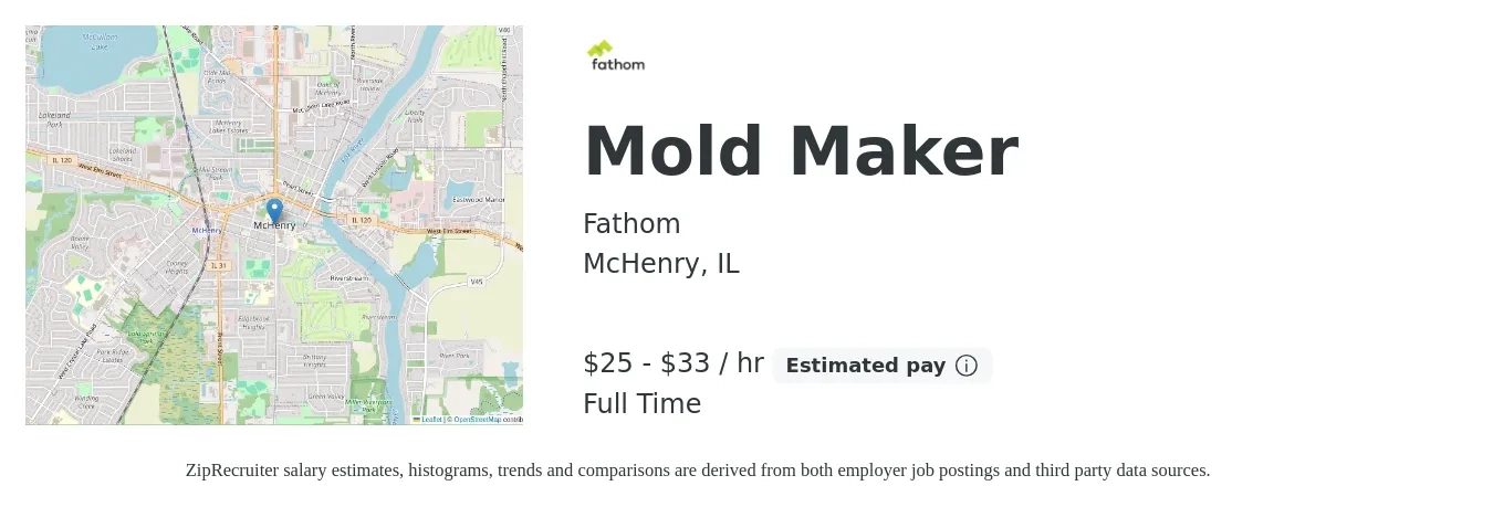 Fathom job posting for a Mold Maker in McHenry, IL with a salary of $26 to $35 Hourly with a map of McHenry location.