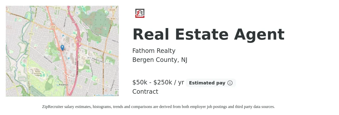 Fathom Realty job posting for a Real Estate Agent in Bergen County, NJ with a salary of $50,000 to $250,000 Yearly with a map of Bergen County location.