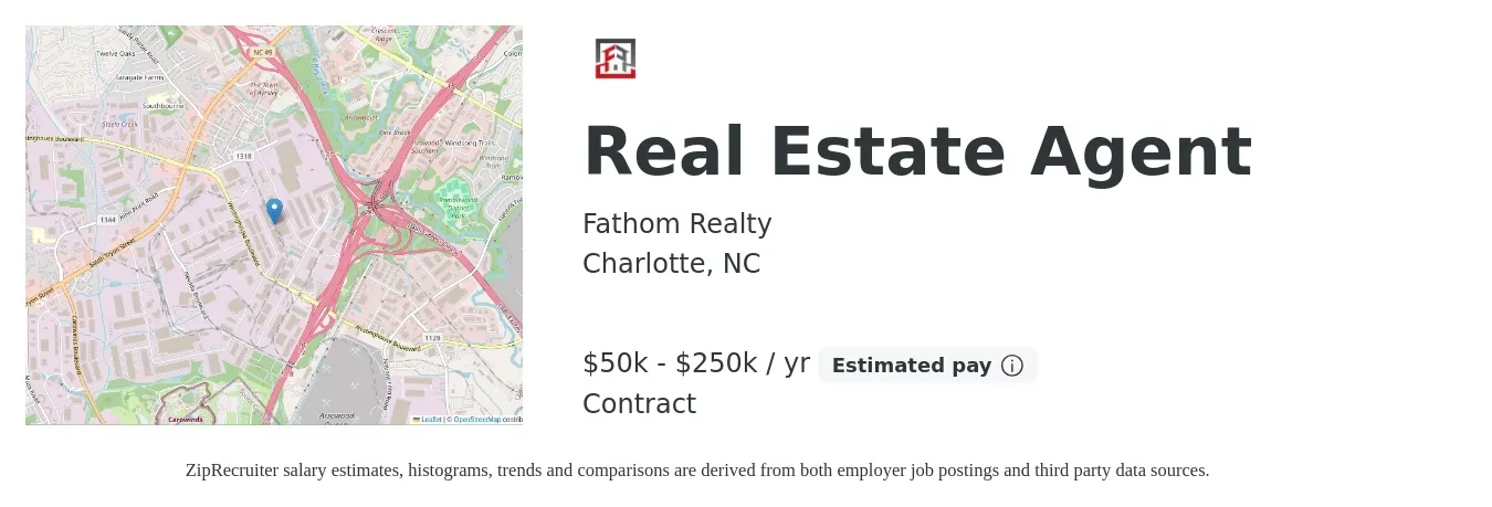 Fathom Realty job posting for a Real Estate Agent in Charlotte, NC with a salary of $50,000 to $250,000 Yearly with a map of Charlotte location.