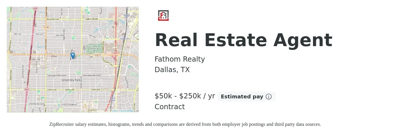 Fathom Realty job posting for a Real Estate Agent in Dallas, TX with a salary of $50,000 to $250,000 Yearly with a map of Dallas location.