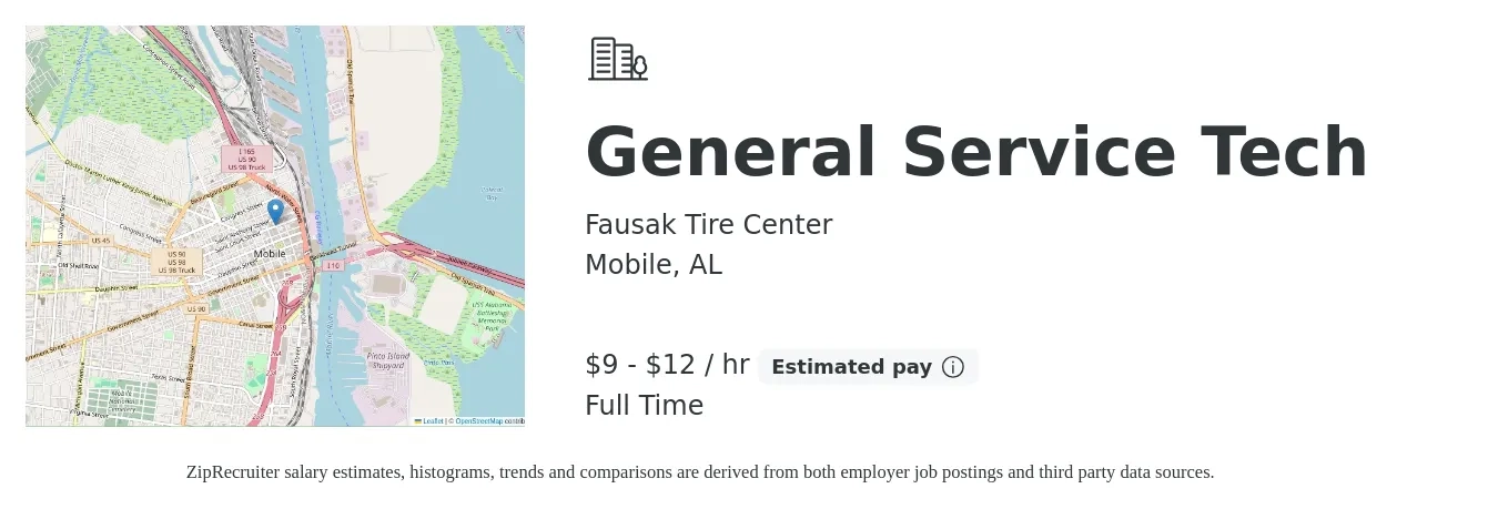 Fausak Tire Center job posting for a General Service Tech in Mobile, AL with a salary of $10 to $13 Hourly with a map of Mobile location.