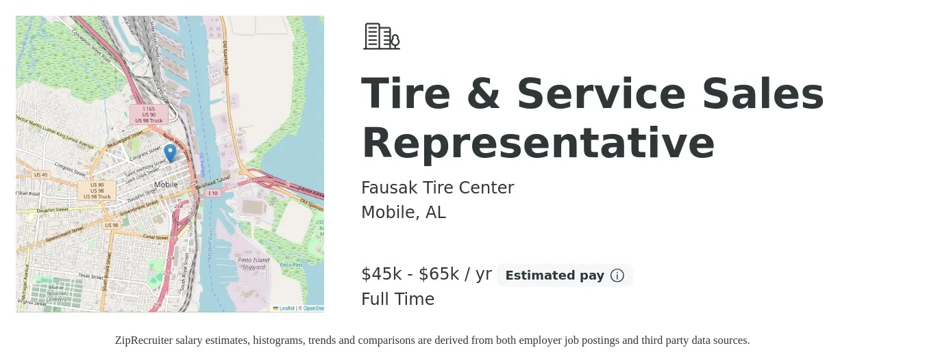 Fausak Tire Center job posting for a Tire & Service Sales Representative in Mobile, AL with a salary of $45,000 to $65,000 Yearly with a map of Mobile location.
