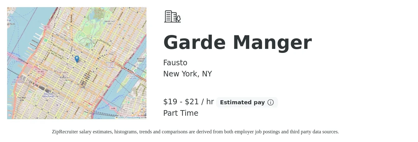 Fausto job posting for a Garde Manger in New York, NY with a salary of $20 to $22 Hourly with a map of New York location.