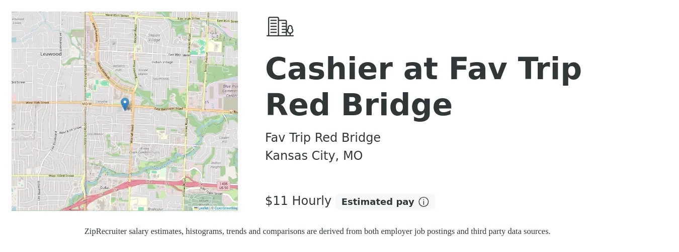 Fav Trip Red Bridge job posting for a Cashier at Fav Trip Red Bridge in Kansas City, MO with a salary of $12 Hourly with a map of Kansas City location.