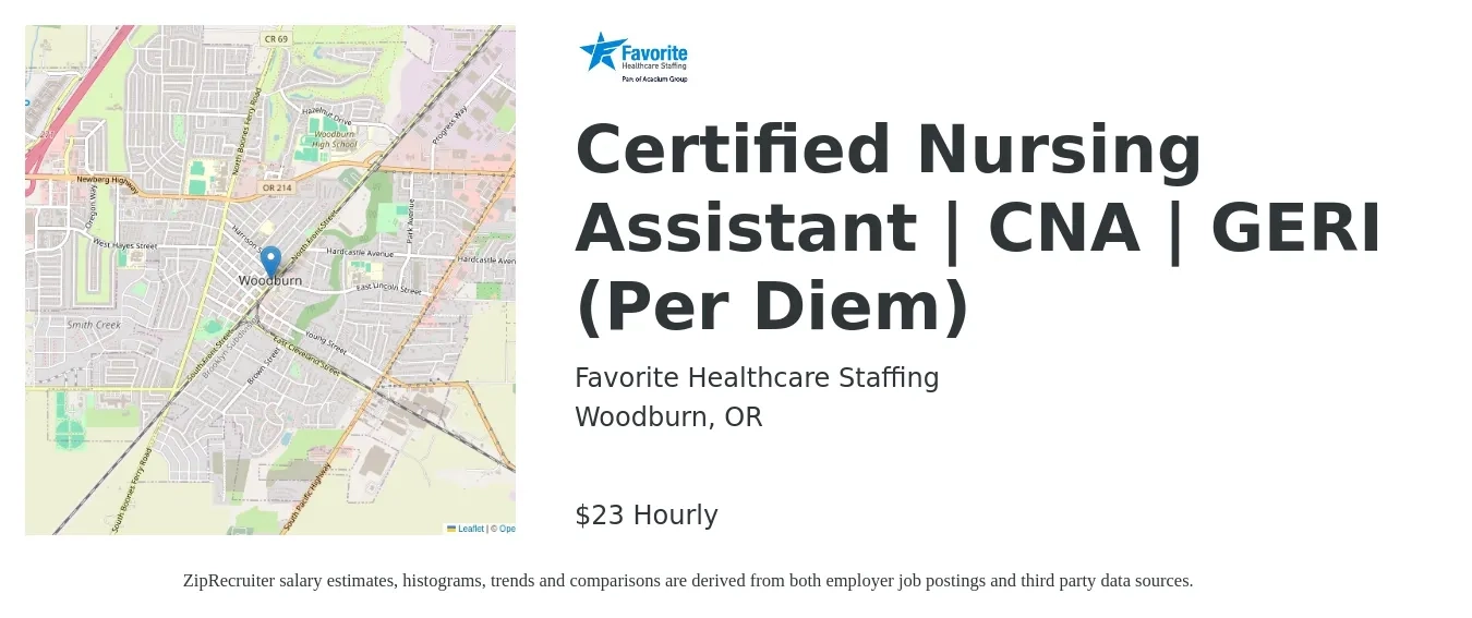 Favorite Healthcare Staffing job posting for a Certified Nursing Assistant | CNA | GERI (Per Diem) in Woodburn, OR with a salary of $24 Hourly with a map of Woodburn location.