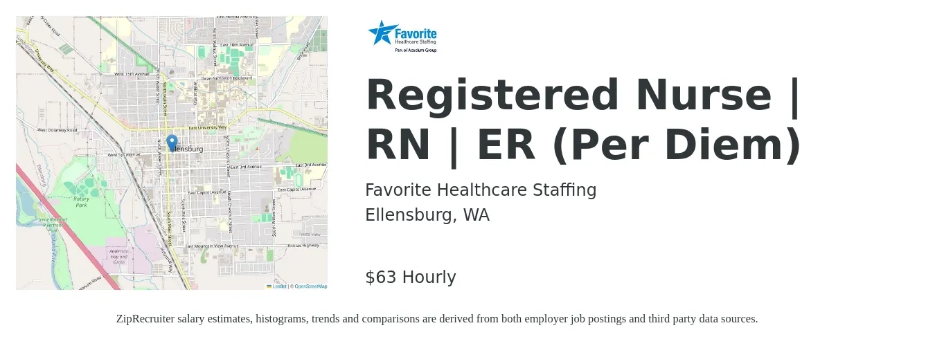 Favorite Healthcare Staffing job posting for a Registered Nurse | RN | ER (Per Diem) in Ellensburg, WA with a salary of $66 Hourly with a map of Ellensburg location.