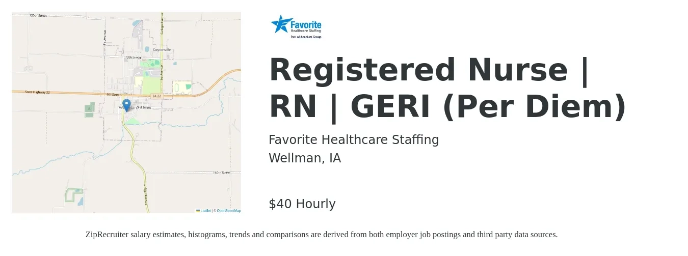 Favorite Healthcare Staffing job posting for a Registered Nurse | RN | GERI (Per Diem) in Wellman, IA with a salary of $42 Hourly with a map of Wellman location.