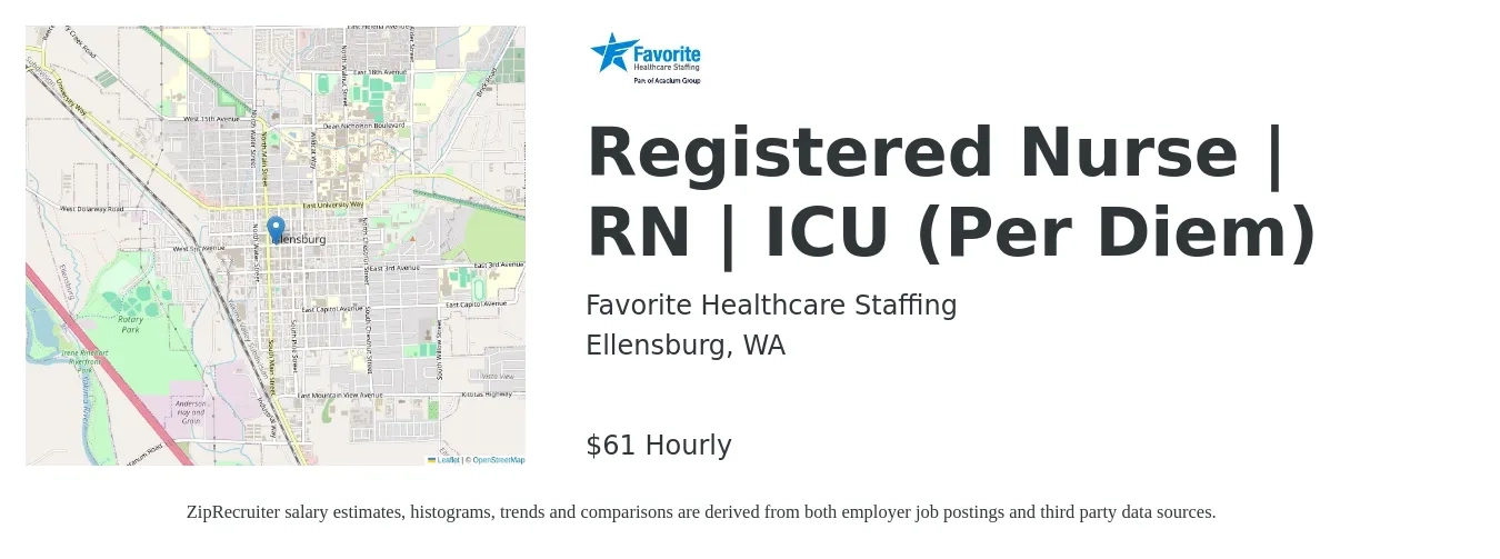 Favorite Healthcare Staffing job posting for a Registered Nurse | RN | ICU (Per Diem) in Ellensburg, WA with a salary of $64 Hourly with a map of Ellensburg location.