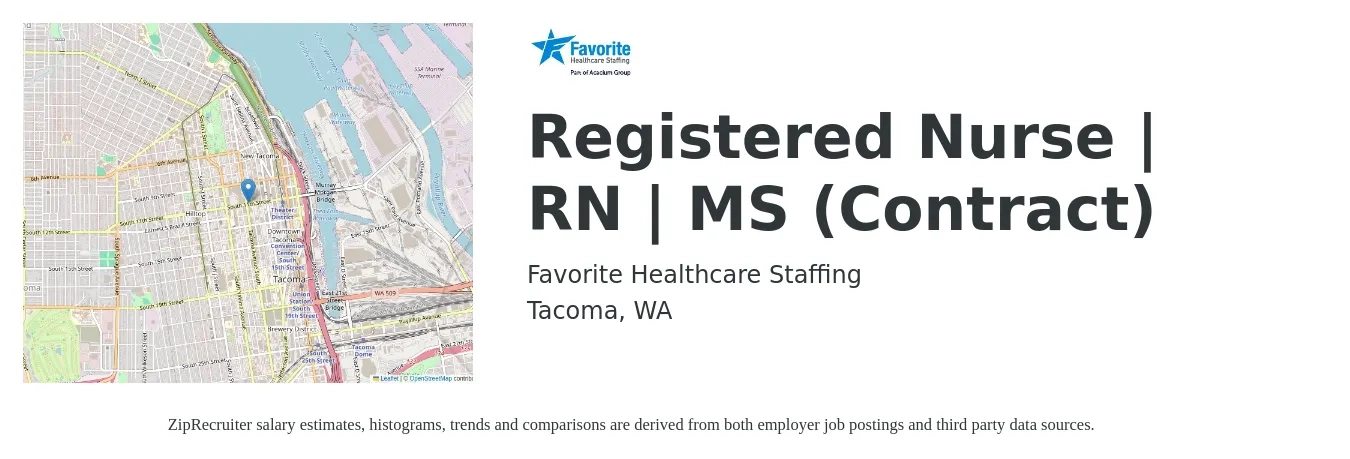Favorite Healthcare Staffing job posting for a Registered Nurse | RN | MS (Contract) in Tacoma, WA with a salary of $1,966 to $2,097 Weekly with a map of Tacoma location.