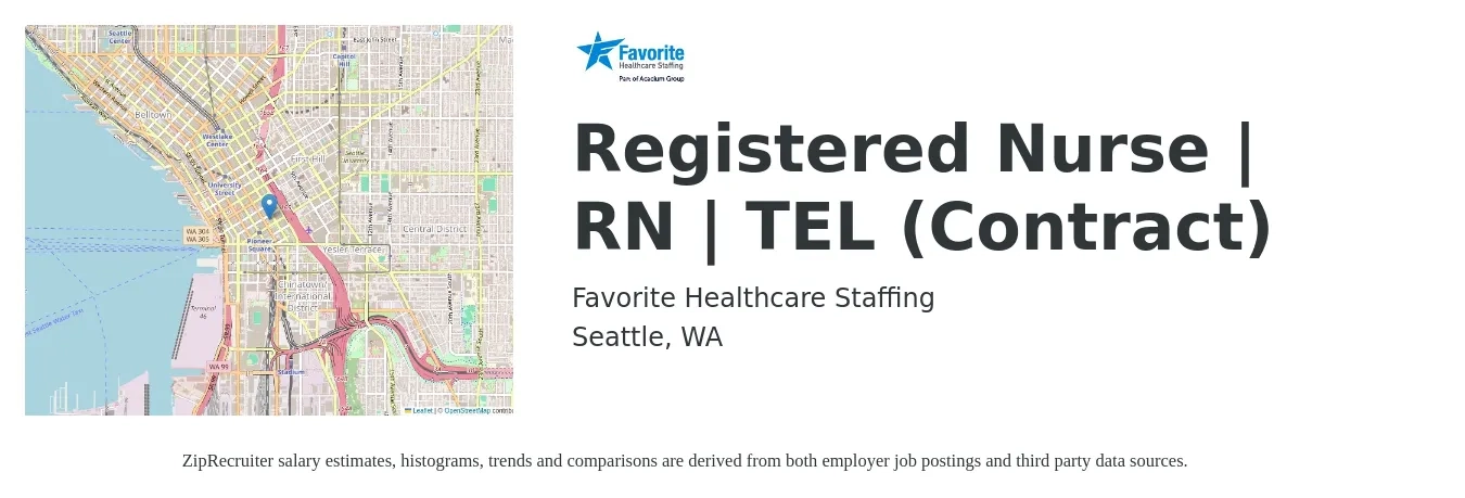 Favorite Healthcare Staffing job posting for a Registered Nurse | RN | TEL (Contract) in Seattle, WA with a salary of $1,923 to $2,052 Weekly with a map of Seattle location.