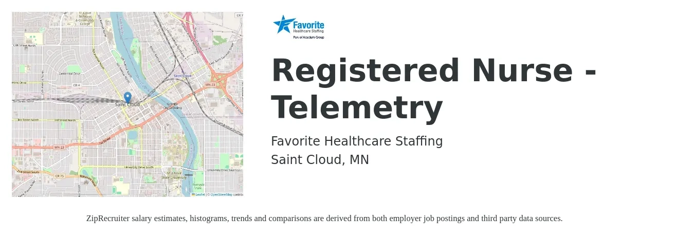 Favorite Healthcare Staffing job posting for a Registered Nurse - Telemetry in Saint Cloud, MN with a salary of $2,000 to $2,730 Weekly with a map of Saint Cloud location.