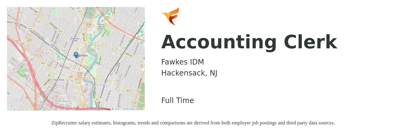 Fawkes IDM job posting for a Accounting Clerk in Hackensack, NJ with a salary of $20 to $26 Hourly with a map of Hackensack location.