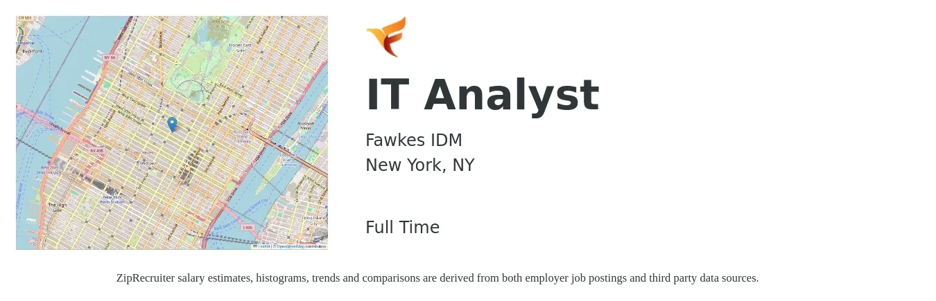 Fawkes IDM job posting for a IT Analyst in New York, NY with a salary of $33 to $52 Hourly with a map of New York location.