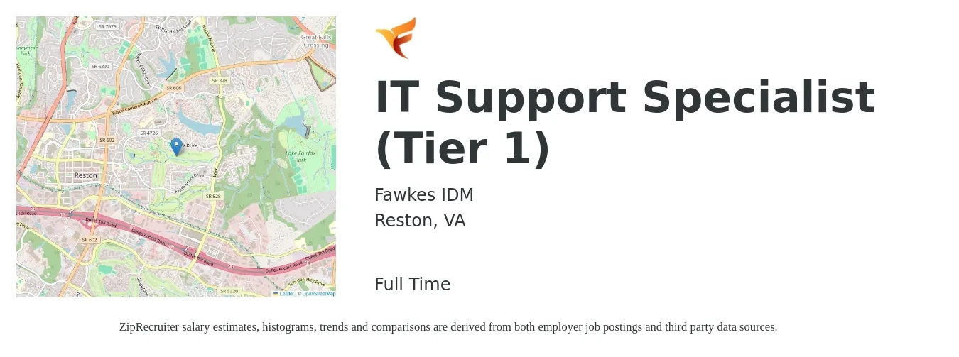 Fawkes IDM job posting for a IT Support Specialist (Tier 1) in Reston, VA with a salary of $48,400 to $97,800 Yearly with a map of Reston location.
