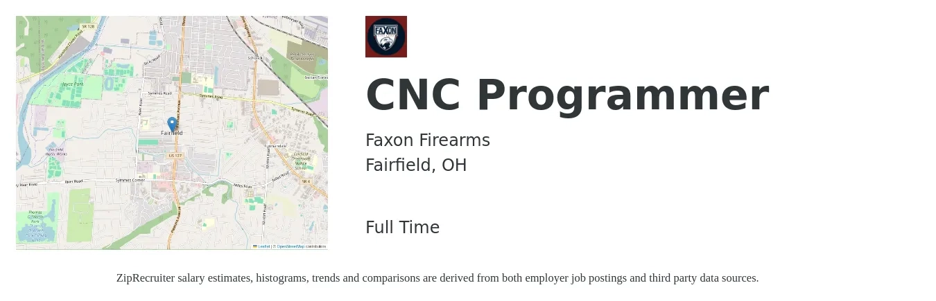 Faxon Firearms job posting for a CNC Programmer in Fairfield, OH with a salary of $25 to $34 Hourly with a map of Fairfield location.