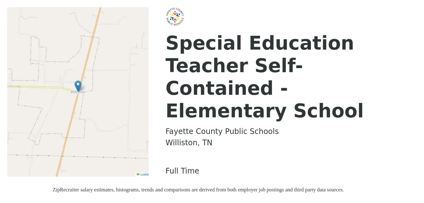 Fayette County Public Schools job posting for a Special Education Teacher Self-Contained - Elementary School in Williston, TN with a salary of $39,500 to $53,700 Yearly with a map of Williston location.