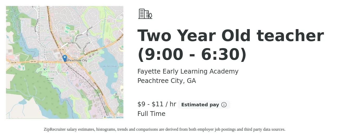 Fayette Early Learning Academy job posting for a Two Year Old teacher (9:00 - 6:30) in Peachtree City, GA with a salary of $10 to $12 Hourly with a map of Peachtree City location.