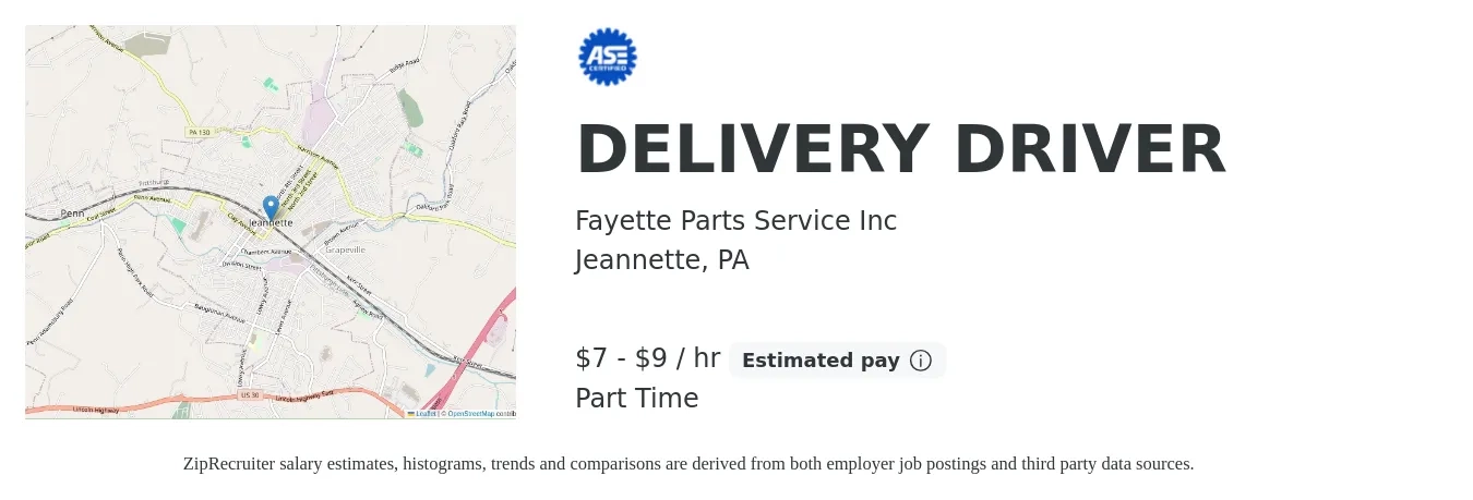 Fayette Parts Service Inc job posting for a DELIVERY DRIVER in Jeannette, PA with a salary of $8 to $10 Hourly with a map of Jeannette location.