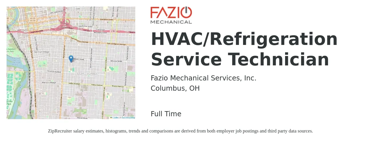 Fazio Mechanical Services, Inc. job posting for a HVAC/Refrigeration Service Technician in Columbus, OH with a salary of $26 to $33 Hourly with a map of Columbus location.