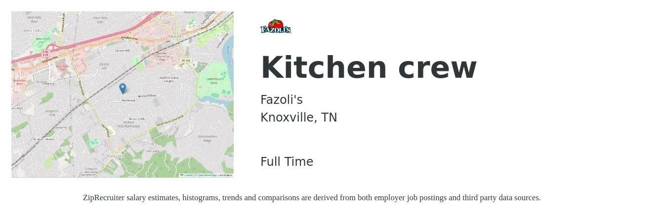 Fazoli's job posting for a Kitchen crew in Knoxville, TN with a salary of $37,200 to $59,600 Yearly with a map of Knoxville location.