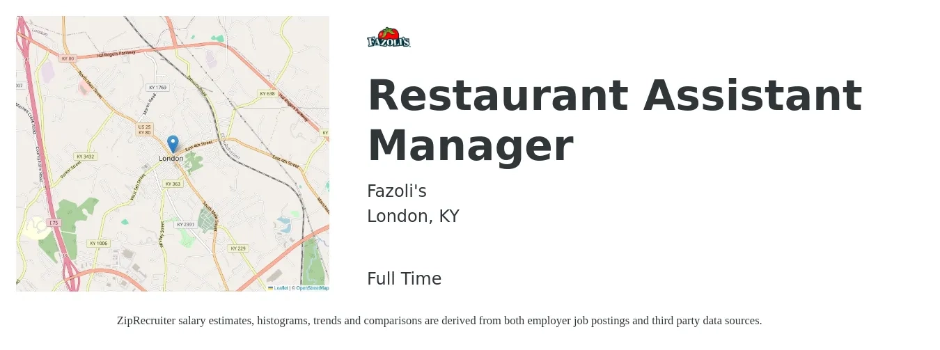 Fazoli's job posting for a Restaurant Assistant Manager in London, KY with a salary of $14 to $21 Hourly with a map of London location.