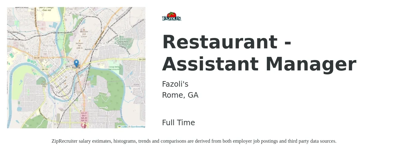 Fazoli's job posting for a Restaurant - Assistant Manager in Rome, GA with a salary of $14 to $21 Hourly with a map of Rome location.