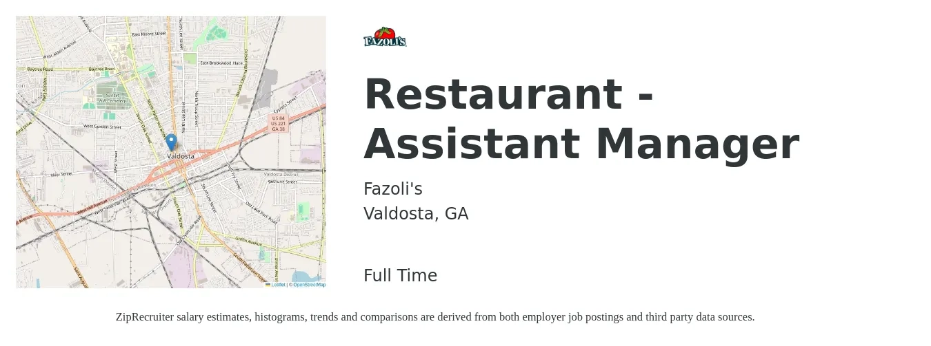 Fazoli's job posting for a Restaurant - Assistant Manager in Valdosta, GA with a salary of $14 to $20 Hourly with a map of Valdosta location.