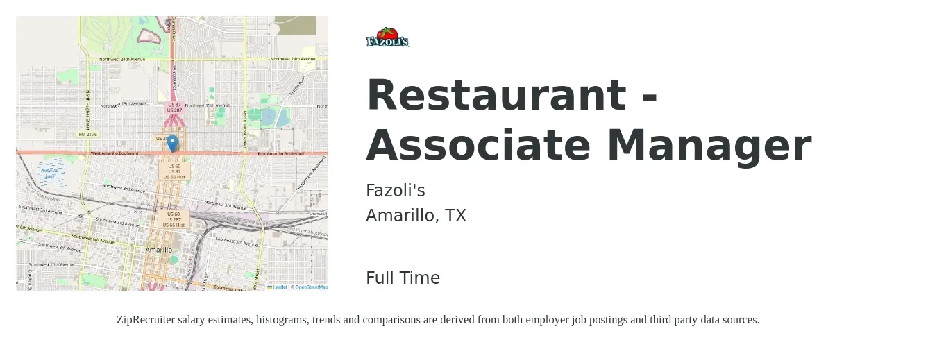 Fazoli's job posting for a Restaurant - Associate Manager in Amarillo, TX with a salary of $12 to $15 Hourly with a map of Amarillo location.