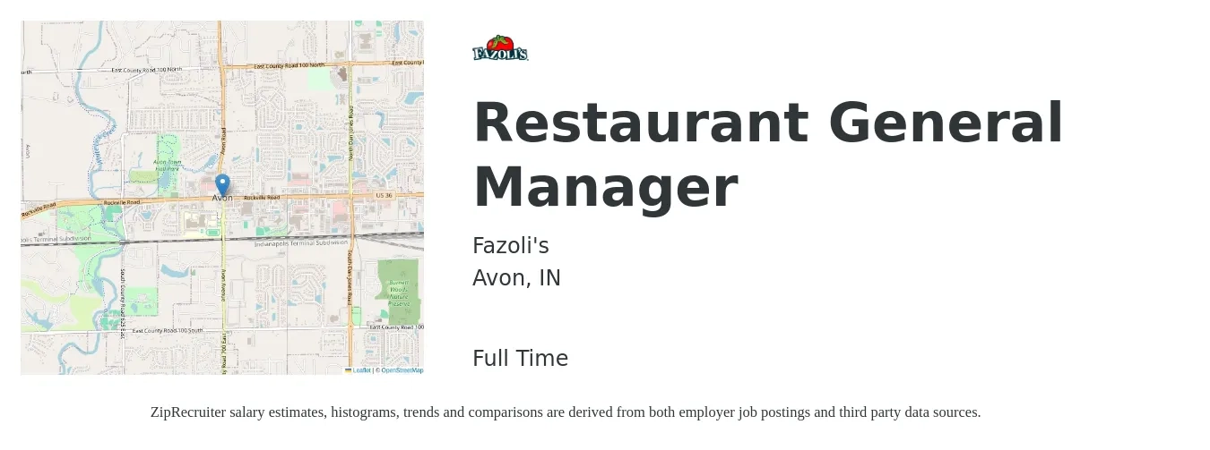 Fazoli's job posting for a Restaurant General Manager in Avon, IN with a salary of $51,800 to $71,400 Yearly with a map of Avon location.