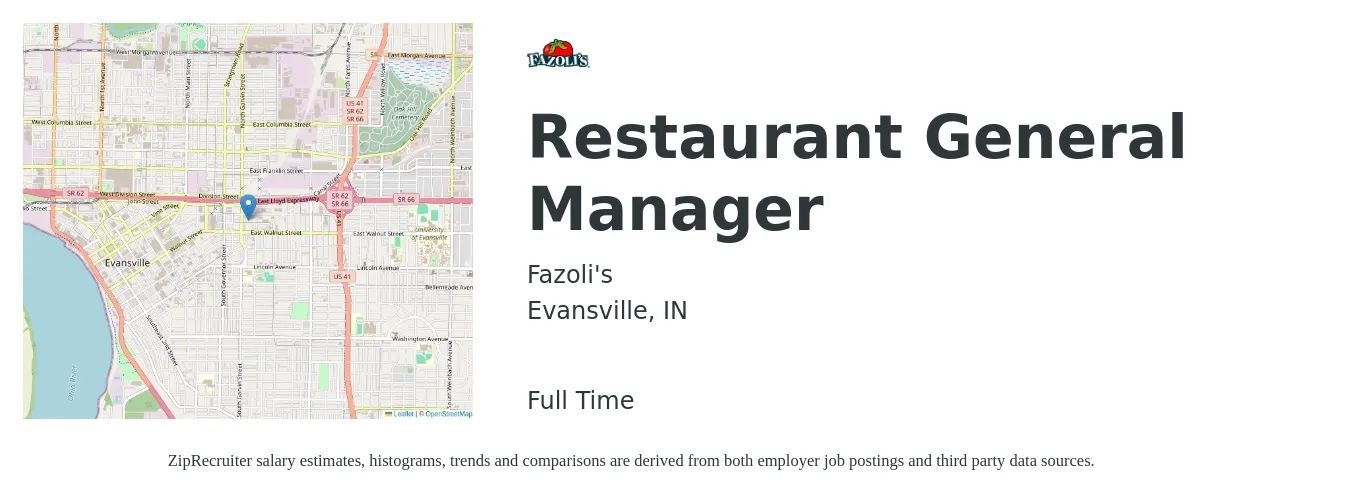 Fazoli's job posting for a Restaurant General Manager in Evansville, IN with a salary of $48,700 to $67,200 Yearly with a map of Evansville location.