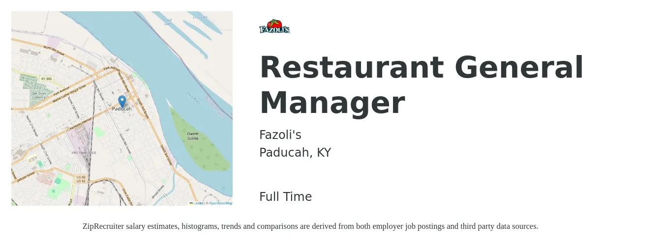 Fazoli's job posting for a Restaurant General Manager in Paducah, KY with a salary of $53,000 to $73,100 Yearly with a map of Paducah location.