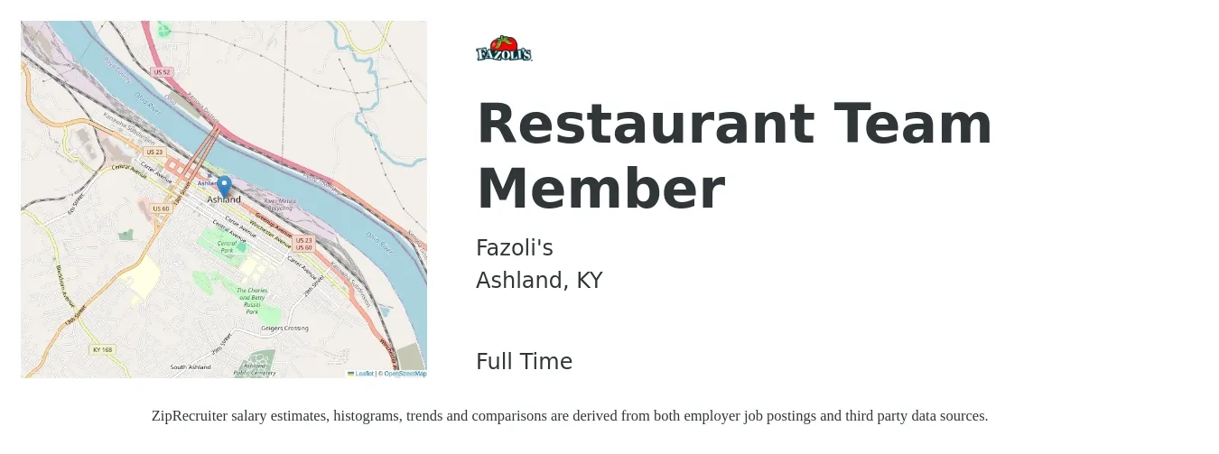 Fazoli's job posting for a Restaurant Team Member in Ashland, KY with a salary of $10 to $14 Hourly with a map of Ashland location.
