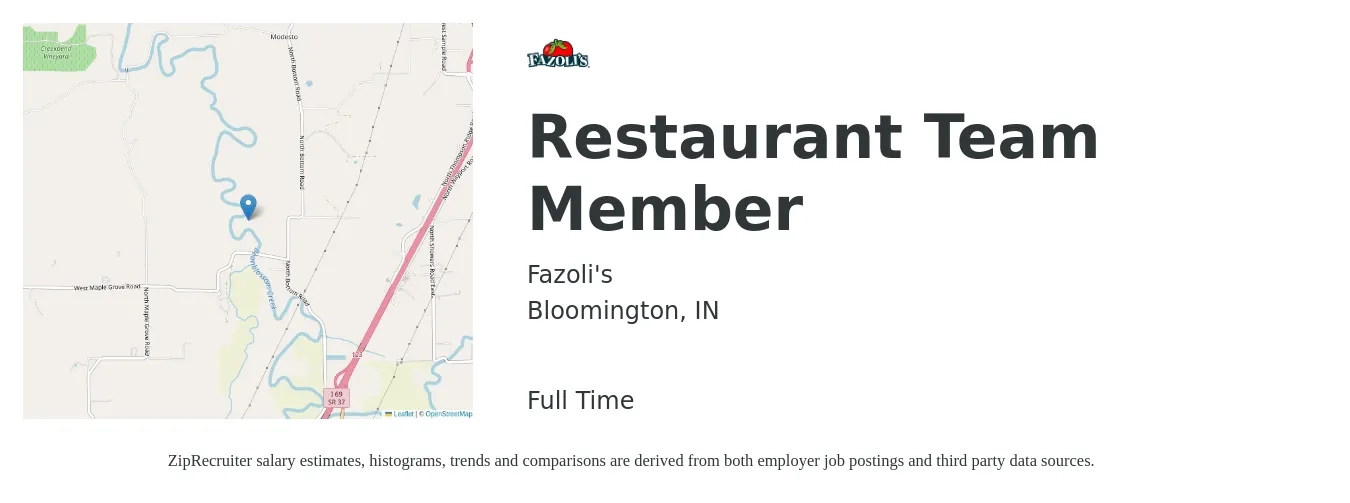 Fazoli's job posting for a Restaurant Team Member in Bloomington, IN with a salary of $10 to $14 Hourly with a map of Bloomington location.