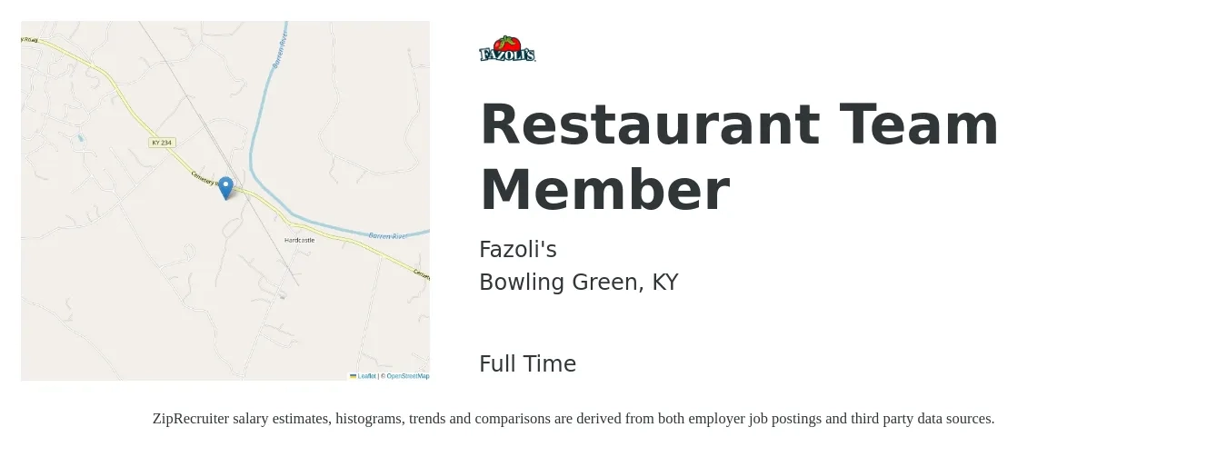 Fazoli's job posting for a Restaurant Team Member in Bowling Green, KY with a salary of $10 to $14 Hourly with a map of Bowling Green location.