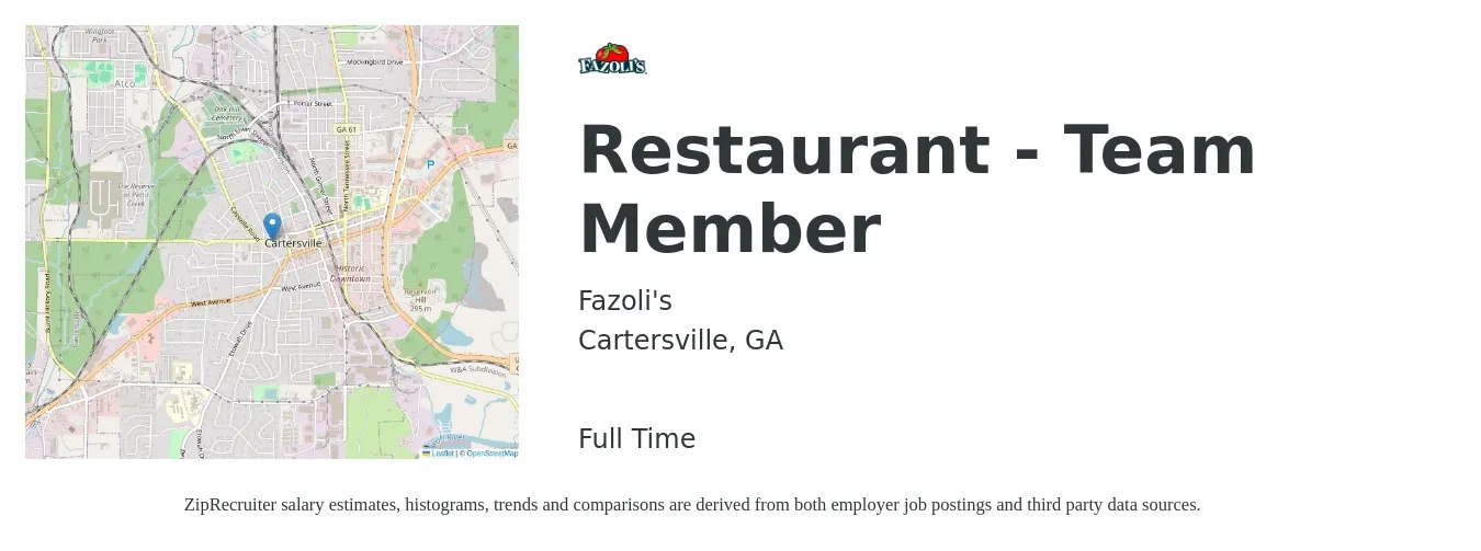 Fazoli's job posting for a Restaurant - Team Member in Cartersville, GA with a salary of $11 to $14 Hourly with a map of Cartersville location.