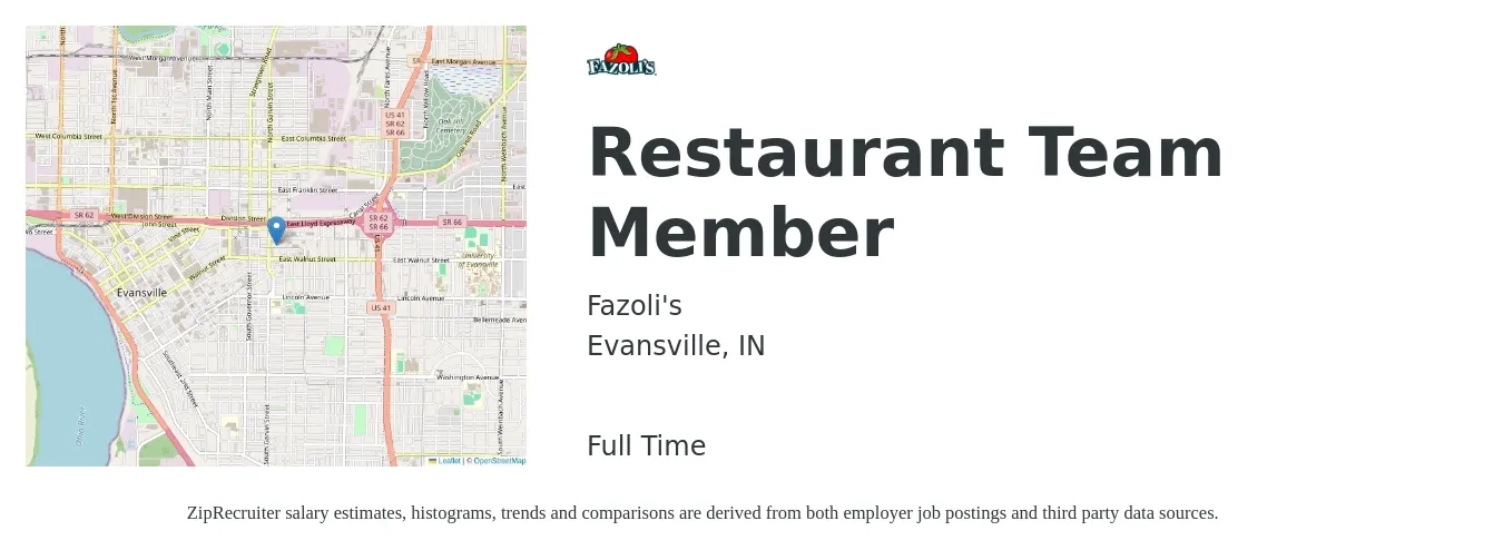 Fazoli's job posting for a Restaurant Team Member in Evansville, IN with a salary of $10 to $14 Hourly with a map of Evansville location.