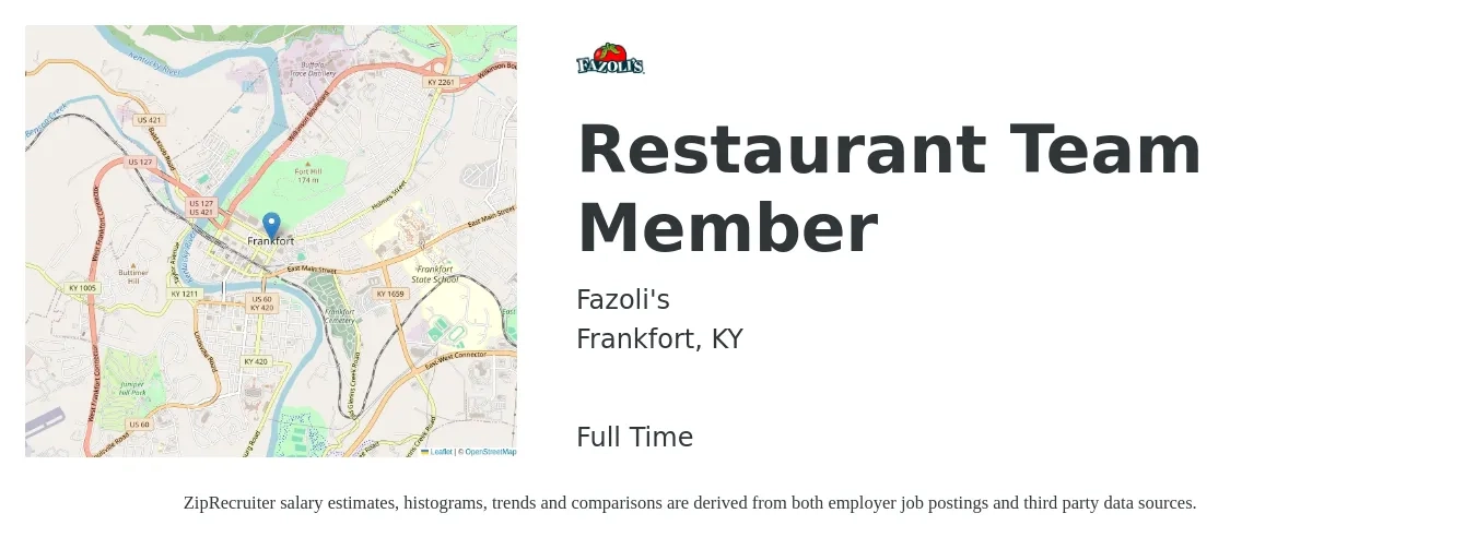Fazoli's job posting for a Restaurant Team Member in Frankfort, KY with a salary of $10 to $14 Hourly with a map of Frankfort location.